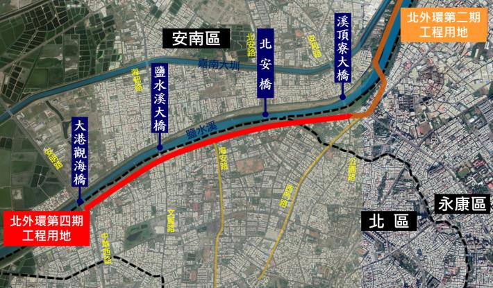 北外環四期路線橫跨北區及永康區，路線總長度約為3.7公里，沿線設置中華北路、海安路及中華路三處交流道，工程用地總面積約19.25公頃。（圖：台南市府提供）