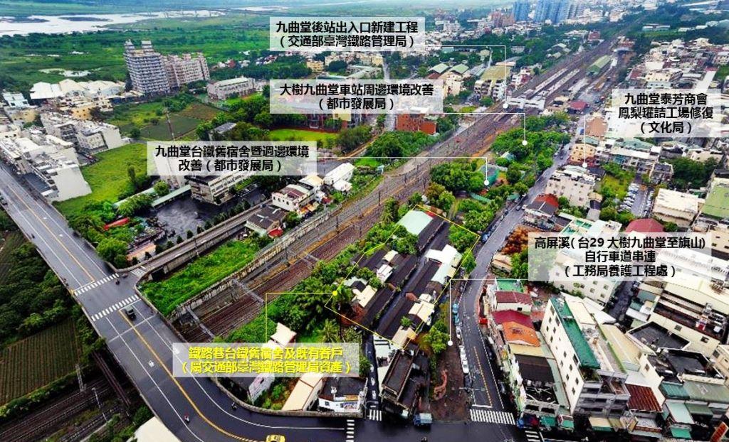 九曲堂車站周邊場域環境改善，高市府已於103年完成高屏溪舊鐵橋保存利用並維護至今、109年11月完成九曲堂鐵道綠園、歷史建築臺灣鳳梨工場再利用、站長宿舍整建活化等，大幅改善九曲堂周邊生活環境或文資設施，增加開放空間使用與發展機會。（圖：高市府提供）