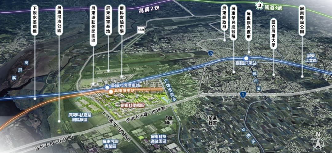 屏東高鐵特定區內的5大園區已陸續開發中，「新訂高鐵屏東車站特定區都市計畫」預計於三月底進行公開展覽，屏東縣府研擬4案6條周邊聯外道路改善計畫，總計7.6公里，總經費28.13億，已提報計畫向內政部營建署爭取補助中。(圖:屏東縣府提供)