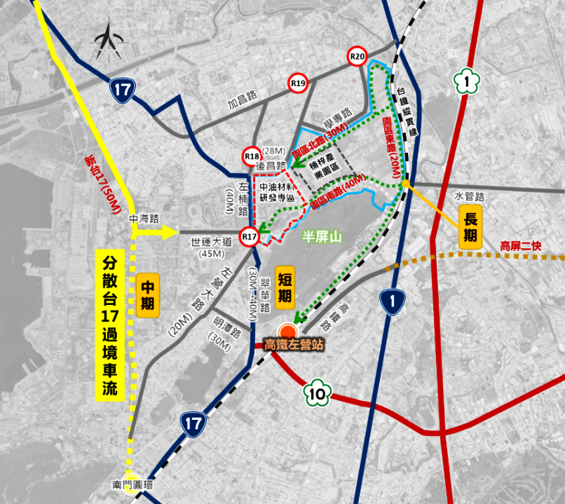 為因應半屏山與左營高鐵周邊等開發計畫，交通局正評估規劃南科高雄楠梓園區的聯外交通路網短、中長期優化計畫，包含園區南路40米、園區北路30米及園區東路等，以連結園區、世運大道、翠華路及左營高鐵站。（圖：高市府提供）