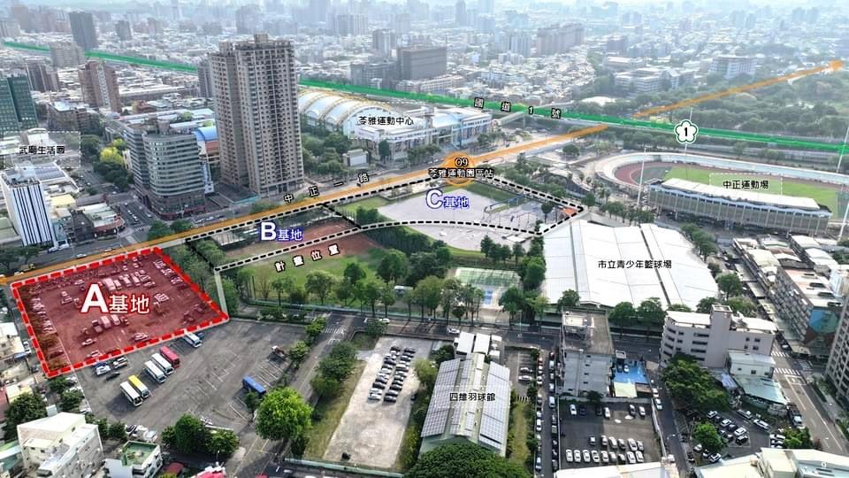 輔仁路側的A基地，土地面積約1571坪，容積率630%，預估可興建約1.77萬坪開發大樓，並引入公共托育設施及親子館，預估民間投資總金額約36億元。（圖：高市府提供）