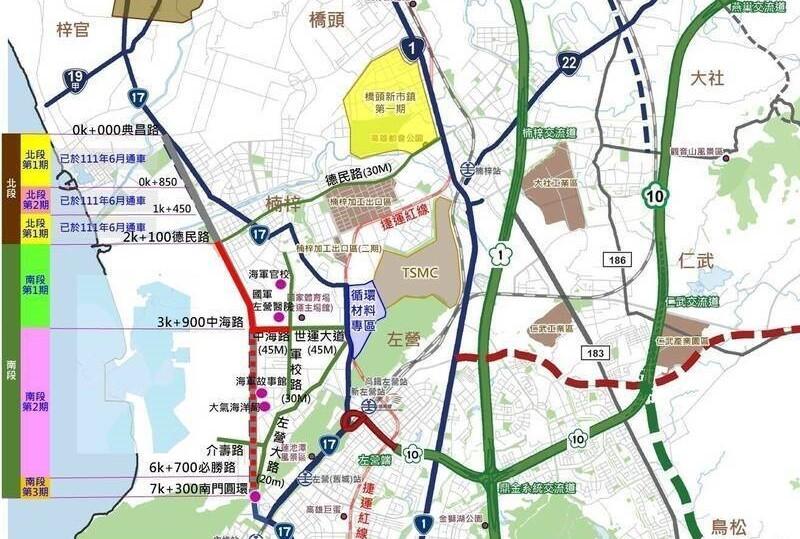 北起橋頭區典昌路、南至左營區南門圓環的新台17線，南段一期從德民路到中海路1.8公里，二期從中海路到必勝路2.8公里，三期由必勝路到南門圓環0.6公里。(圖:高市府提供)