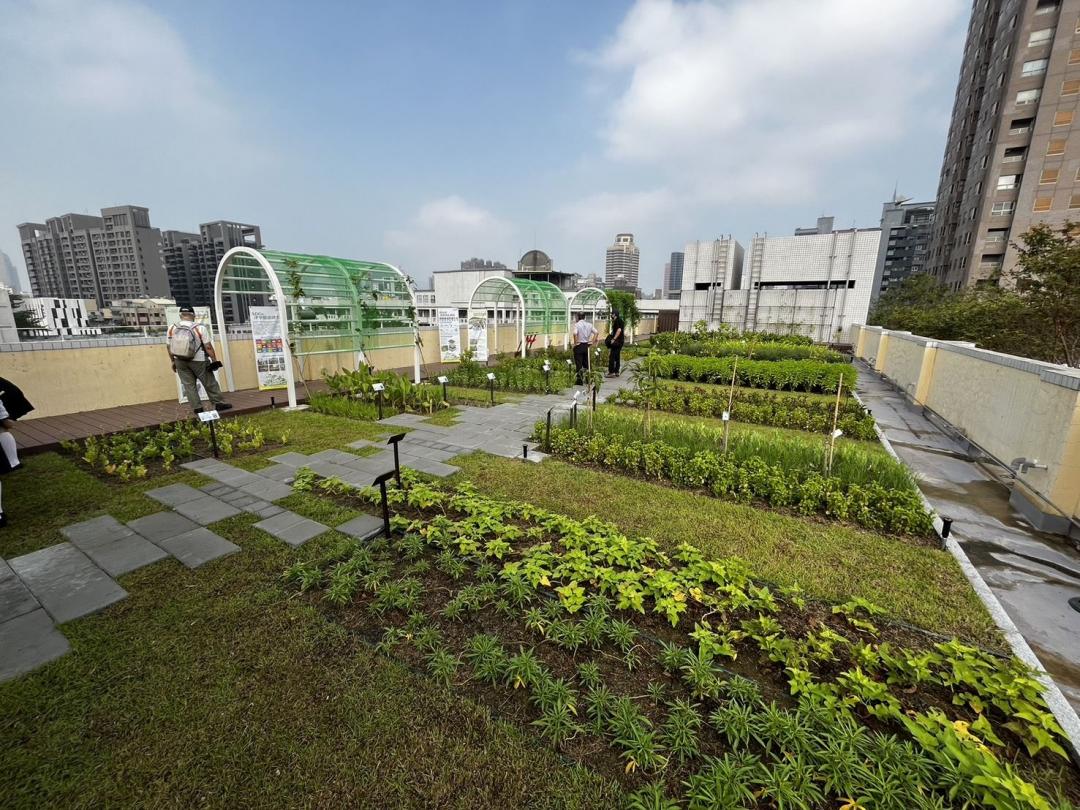 屋頂綠化工程啟用後，只需增加些微水電費用，就可降低室內平均溫度3度、空調就可設定調高1.5度，隔熱效果顯著，以四維國小為例，以校徽花壇、屋頂香藥草及蔬果為主題建置而成的屋頂香草園，提供學童親近自然及生態觀察的理想場所，亦達到隔熱降溫、環保節能的目的。(圖:高市府提供)