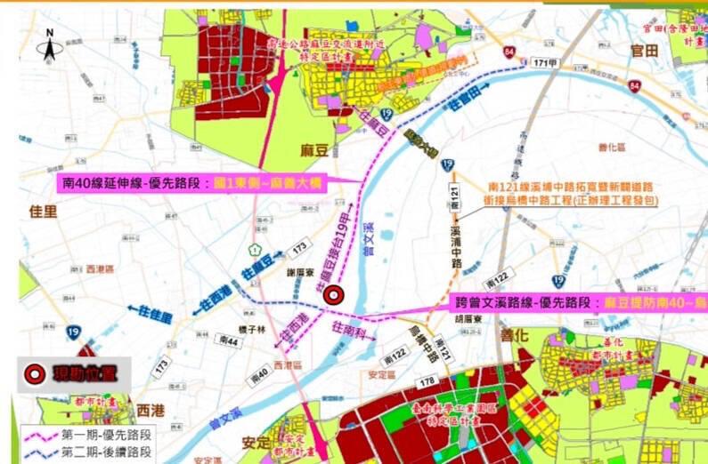 烏橋中路跨曾文溪路線、北接南40線延伸線規劃示意圖。（圖:本報資料照.立委郭國文提供）