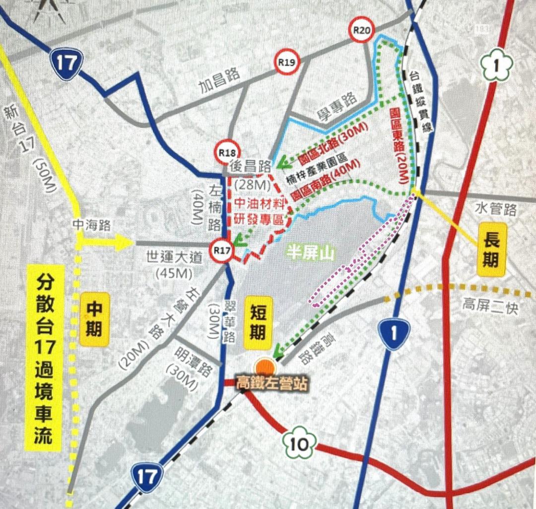 配合整體路網布設及聯外道路系統串聯，預留變更範圍東 側鐵路用地調整為鐵路用地兼供道路使用以銜接屏山巷拓寬為30公尺之聯外道路系統，為串聯楠梓園區與高鐵左營站區，應規劃至少寬度20公尺以上之道路用地銜接主要聯外道路。(圖:翻攝自公開展覽都市計畫書)