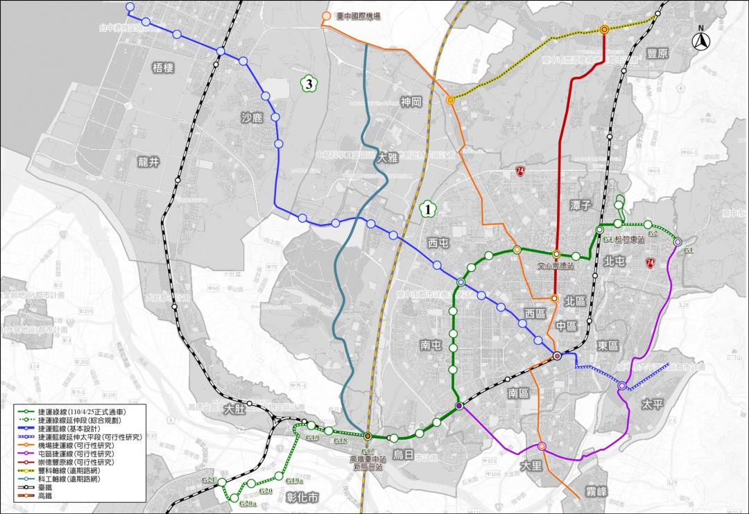 捷運綠線延伸段路線示意圖，僅供參考尚未核定。(圖/台中市政府提供)