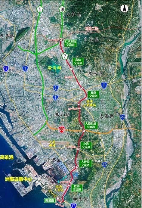國道七號與國道一號、國道十號、台88線及規劃中之高屏第二快速公路(高屏二快)形成東高雄環狀快速路網。(圖:高市府都發局提供)
