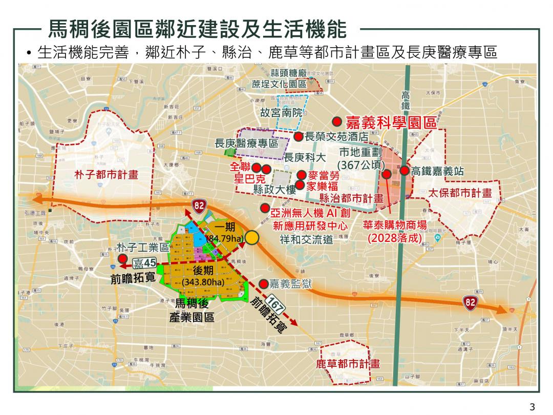 馬稠後園區具備交通便利與完整生活機能，距嘉義科學園區及高鐵嘉義站只有10分鐘車程，鄰近台82線祥和交流道，可快速連結國道一號、國道三號及台61線，區位條件便捷。(圖:嘉義縣府提供)