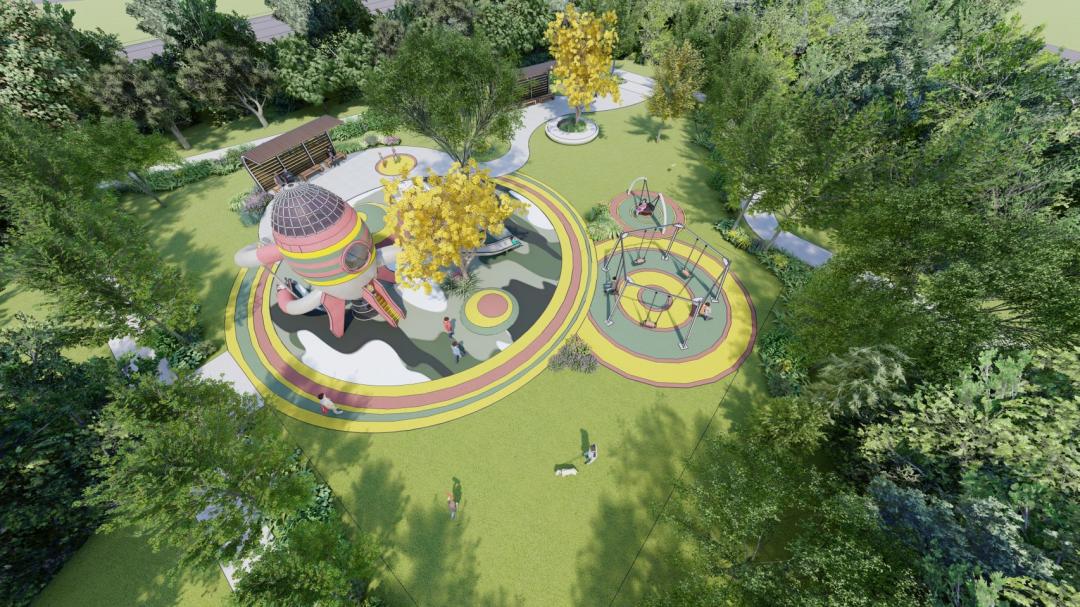 園區的「二期公園（含綠園道）」總面積約15.81公頃，北側公園設計上特別保留原有老樹、防流彈土堤及砲校遺構，並將軍事意象融入現代遊具造型，透過砲台、迷彩等設計語彙轉化為兒童遊戲空間，讓歷史記憶以生活化的方式延續。(圖:南市府地政局提供)