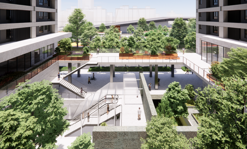 基地特別保留與捷運站、民族公園、綠園道之間的開放連結，結合在地紋理與創新元素，設計多層次的公共空間與中介場域，創造友善且具生活感的街廓環境。(圖:高市府捷運局提供)