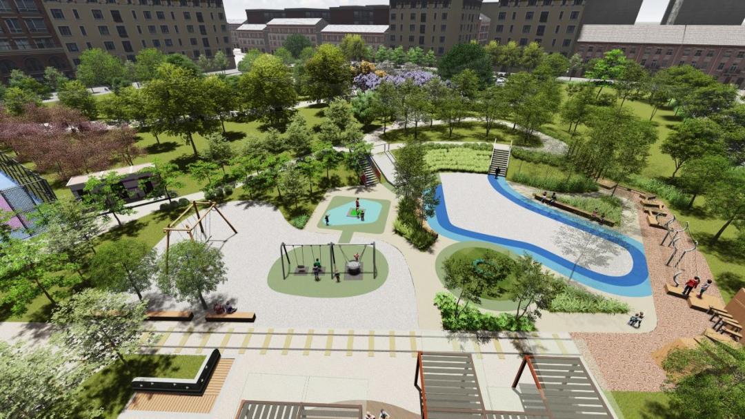 未來將規劃全齡共融式花園公園，設置籃球場、步道、兒童遊戲場及多功能草坪等設施。完工模擬圖。(桃園市政府提供）