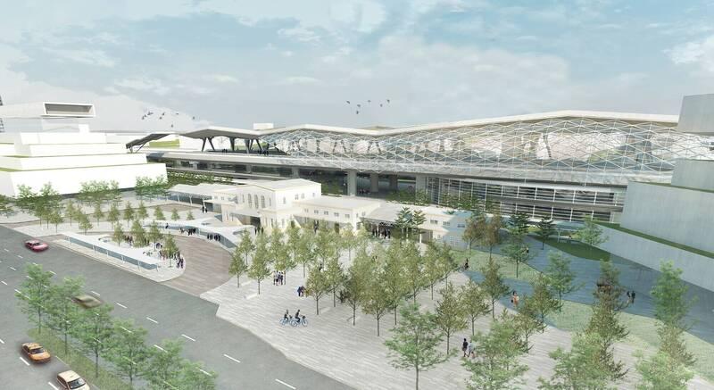 未來嘉義鐵路高架化完成後，嘉義第三代車站示意圖。（圖由鐵道局提供）