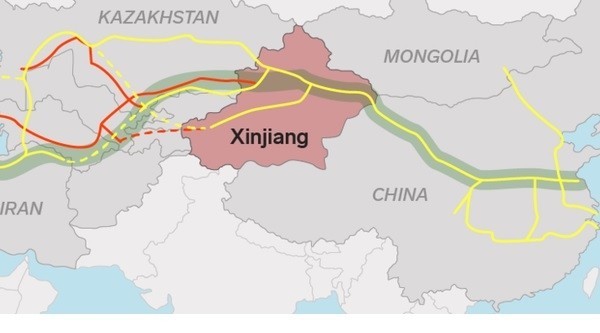 
從「商業內幕」製作的地圖，可以看出新疆在「一帶一路」的重要地位，這也是中國清理維族人原因之一。（取自「商業內幕」網站）
