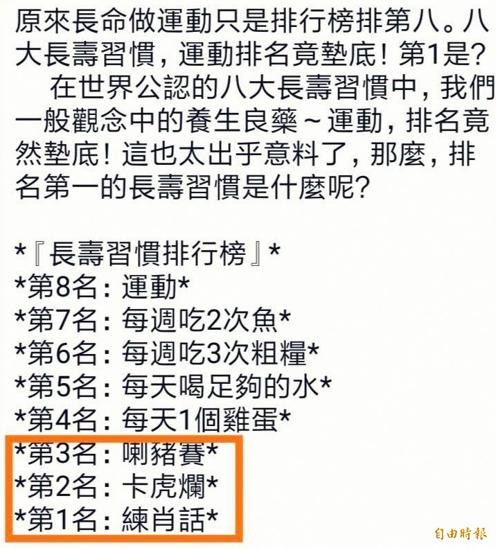 網路熱傳「8大長壽習慣
」排行榜情形。（記者謝介裕翻攝）（記者謝介裕攝）