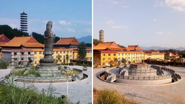 江西九江市修水縣兜率禪寺觀音銅像被拆除前後。（圖擷取自《寒冬》雜誌）
