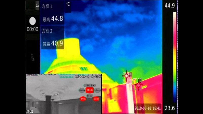 環保人員用熱顯像儀器，發現宏全公司不正常使用環保設備，煙囪溫度僅有40多度。（記者張瑞楨翻攝）