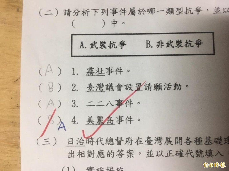 台北市1所國小6年級社會科月考題答案引爆爭議，美麗島事件竟被歸類為武裝抗爭。（家長提供）

