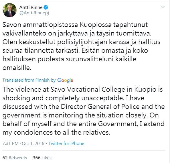 芬蘭總理林內（Antti Rinne）在推特上譴責暴行，並對受害家屬表達安慰。（圖取自推特 @AnttiRinnepj）
