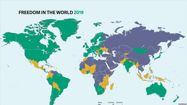 自由之家在報告中評估的195個國家中，86國被評為「自由」（綠色）、59國被評為「部分自由」（黃色），還有50國被列為「不自由」（紫色）。（圖擷取自自由之家網站）