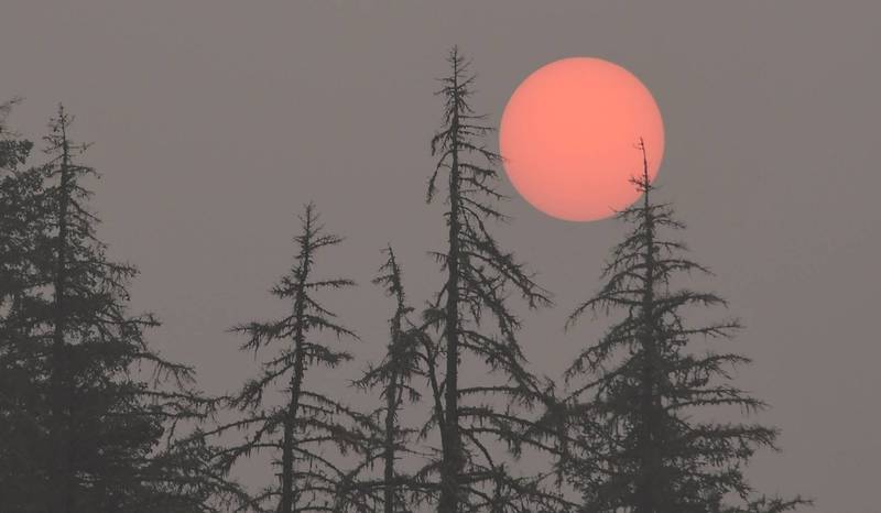 美西野火毒霧蔓延全國，太陽大部分的時間都被遮擋住，日出也成灰橘色。（法新社）