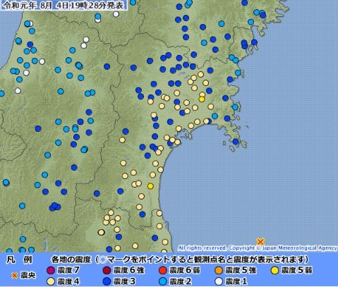 福島核電廠位於福島縣雙葉郡大熊町及雙葉町，分別發生震度5、震度4有感地震。（圖擷取自日本氣象廳）