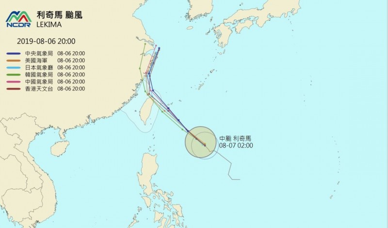 國家災害防救科技中心（NCDR）也統整各國氣象單位對利奇馬的路徑預報，預估利奇馬將從「北部近海或陸地」通過，也就是「登陸、不登陸」都有可能。其中預估路徑最「北」的是台灣中央氣象局；預估路徑最「南」的是韓國氣象局與美軍聯合颱風警報中心。（圖擷取自國家災害防救科技中心NCDR）