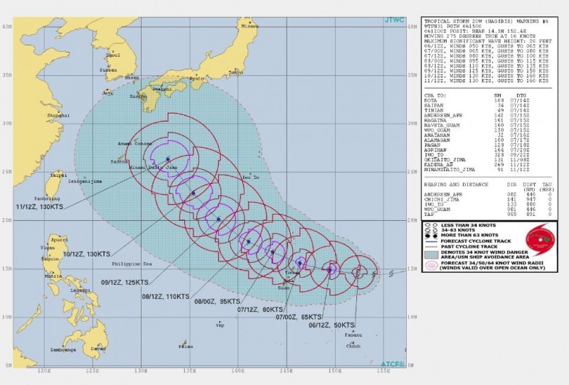 美軍預報圖顯示，目前推測哈吉貝颱風未來暴風圈應該不會接觸台灣陸地。（圖擷取自JTWC）