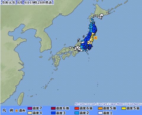 日本福島台灣時間晚間6點23分發生芮氏規模6.2地震。（圖擷取自日本氣象廳）