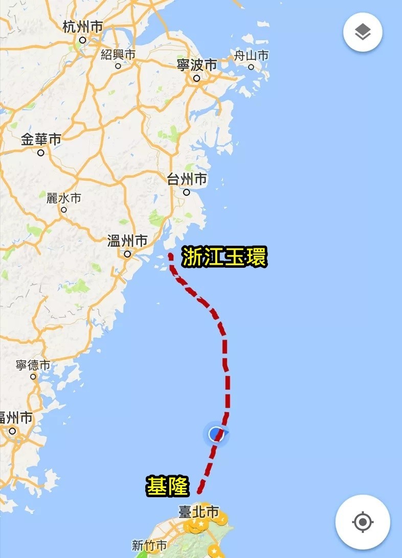 兩岸開通往返浙江玉環到台灣基隆港的定期直航客貨輪「中遠之星」航線，剛好在這次共軍演習範內。（航線圖取自網路）
