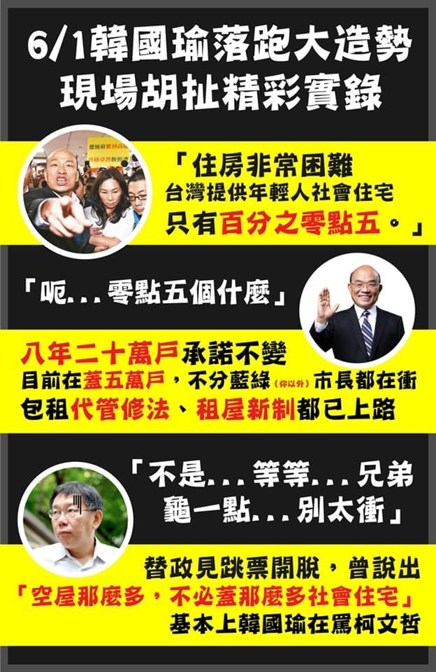 韓國瑜覺得政府提供給年輕人的社會住宅太少，反倒罵到台北市長柯文哲。（圖擷取自王定宇臉書）