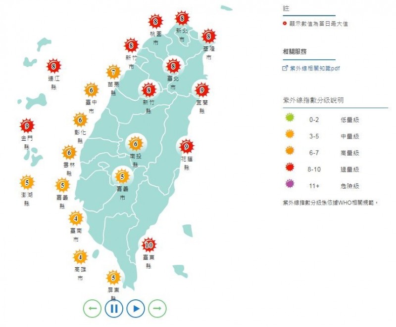 今日各地紫外線預報概況。（圖擷取自中央氣象局）