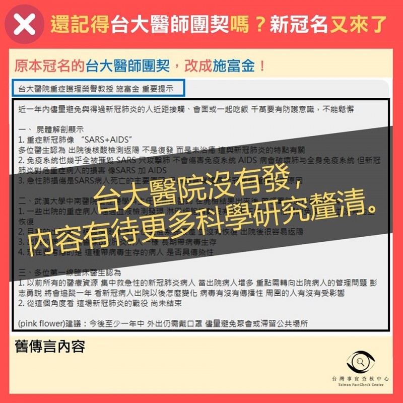 武漢肺炎網路謠言曾冒名為「台大醫師團契」，近日被發現改冠台大醫院教授「施富金」名義。（翻攝台灣事實查核中心）