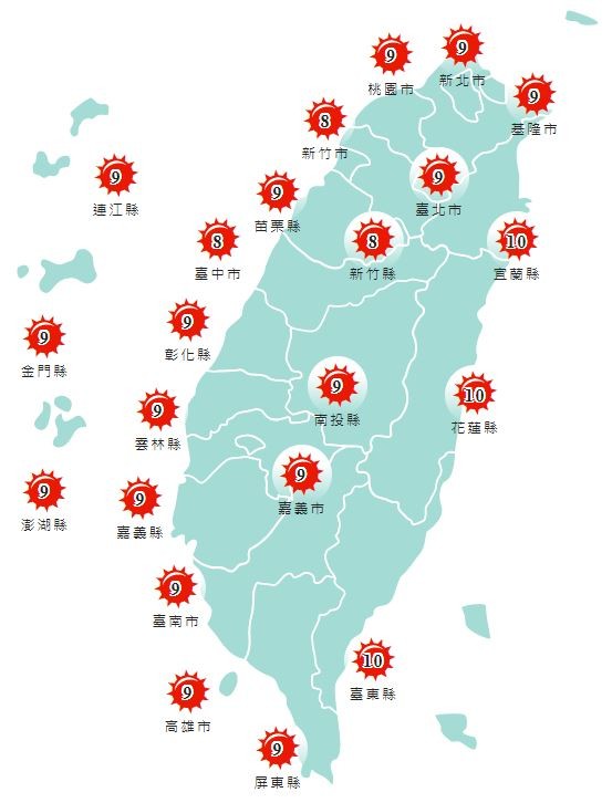 今日各地紫外線預報概況。(圖擷取自中央氣象局)
今日各地紫外線預報概況。(圖擷取自中央氣象局)
