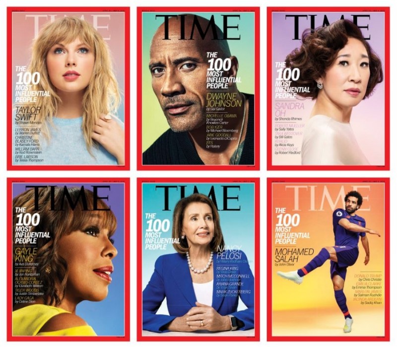 《時代雜誌》今日公布百大影響力人物，其中6位被選為封面人物的人選分別為美國流行樂小天后泰勒絲、好萊塢動作巨星巨石強森、英超足球員薩拉赫、美國聯邦眾議院議長裴洛西、美國電視名人的蓋爾金、今年金球獎得主吳珊卓等人。（圖擷取自時代雜誌推特）