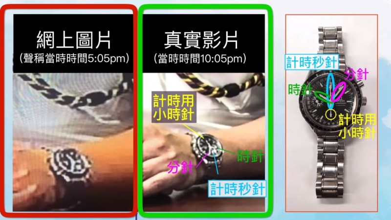 香港警方稱原影片(紅框)中指向5時的是「計時用小時針」,但網友認為綠框中的圖片經過後製,不僅指向9時的小時針疑似被移至10時,指向5時的時針也比原本細許多。(擷取自香港警察 Hong Kong Police臉書粉絲專頁) 香港警方稱原影片(紅框)中指向5時的是「計時用小時針」,但網友認為綠框中的圖片經過後製,不僅指向9時的小時針疑似被移至10時,指向5時的時針也比原本細許多。(擷取自香港警察 Hong Kong Police臉書粉絲專頁)