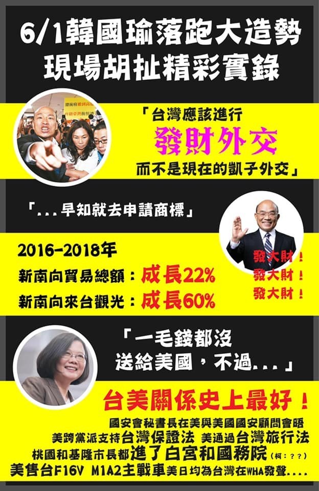 韓國瑜認為，發財外交應取代凱子外交，但民進黨立委王定宇3日張貼「胡扯精彩實錄」打臉韓國瑜，指出現在是史上最好台美關係，而且不是建立在金錢之上。（圖擷取自王定宇臉書）