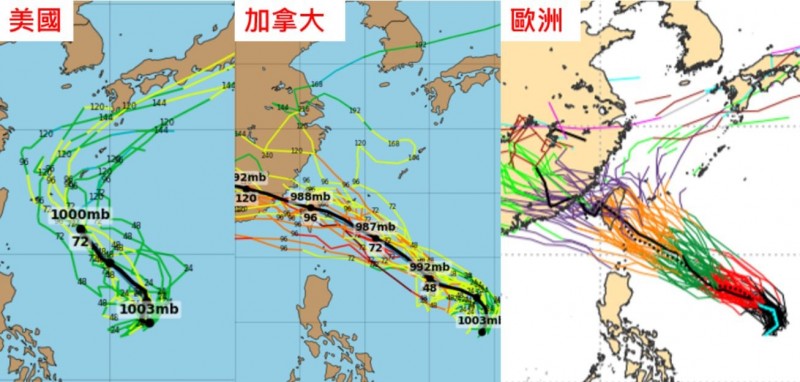 吳德榮在洩天機教室分享，各國針對白鹿颱風未來路徑的最新模擬路徑，並指路徑大多偏北（左圖）；不過加拿大系集模式（GEPS）及歐洲系集模式（ECMWF）也有許多模擬路徑是通過台灣附近（中、右圖）。（圖擷自洩天機教室）