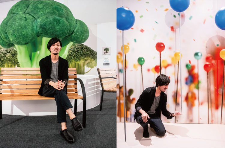 主辦單位巧思橫生，將田中達也的著名作品通通放大，讓消費者可以發揮自己無比創意，圖中為巨型花椰菜及超大比例大頭針。