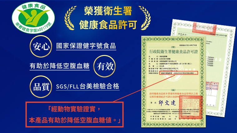「清唐速」能有效幫助減少空腹血糖，嚴格把關通過SGS、FLL、台美檢驗所等檢驗合格。