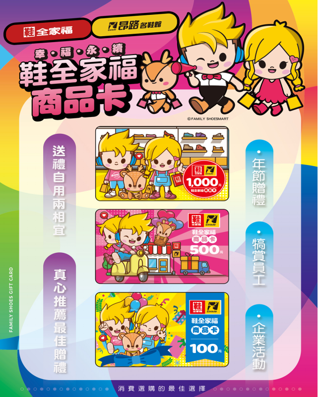 ▲鞋全家福商品卡，依面額分NT$1,000元、NT$500元、NT$100元三種選擇。（圖片提供／鞋全家福）