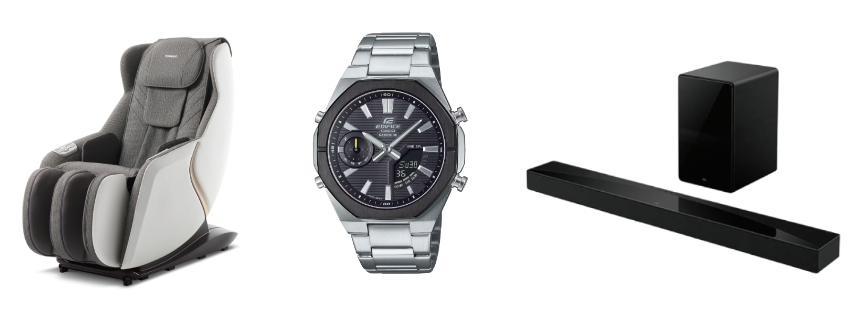 Global Mall新北中和推tokuyo「小美玩美椅 TC-298」原價65,800元，優惠價52,800元／CASIO「EDIFICE藍芽賽車鋼帶錶」原價8,000元，優惠價7,200元／Beutii「TCL Q75H 5.1.2聲道家庭劇院聲霸」原價21,900元，優惠價18,900元。（圖片提供／Global Mall）