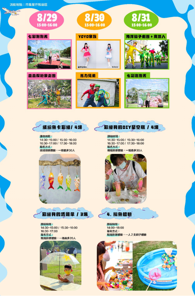 ▲漫遊竹圍漁港活動市集，現場除了街頭藝人精彩演出外，還有親子手作課程，整天玩不停。（圖片提供／桃園市政府）