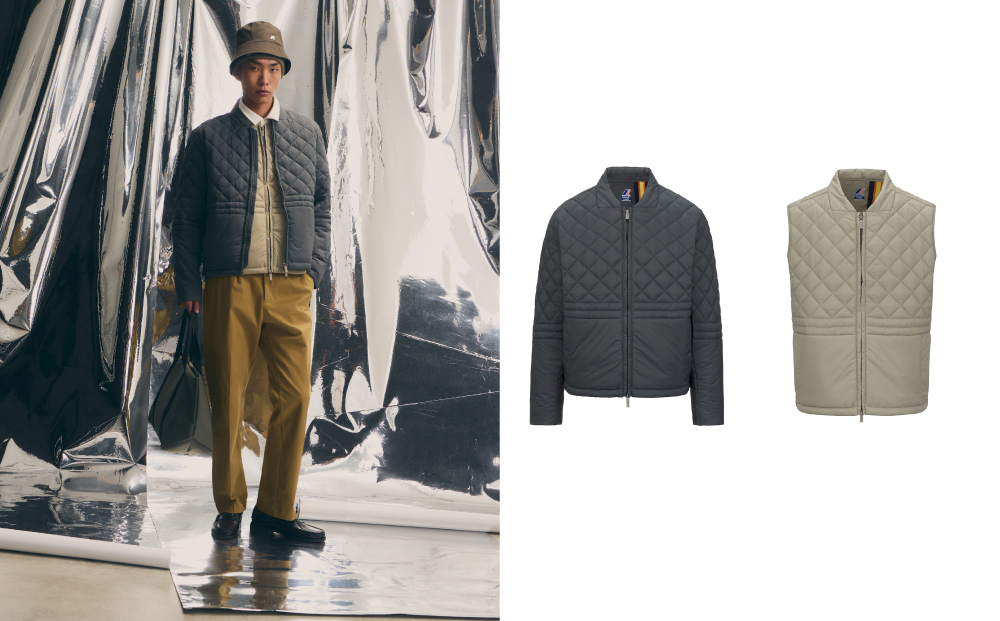 BARIOL防水羽絨絎縫外套，售價13,700元；BARNES防水羽絨絎縫背心，售價10,500元。（圖片提供／K-WAY）