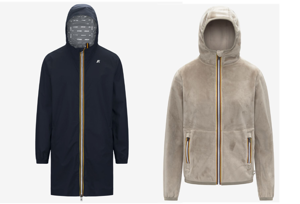 THOMAS防水彈性長版外套，售價7,800元；LILY天鵝絨雙面外套，售價6,400元。（圖片提供／K-WAY）