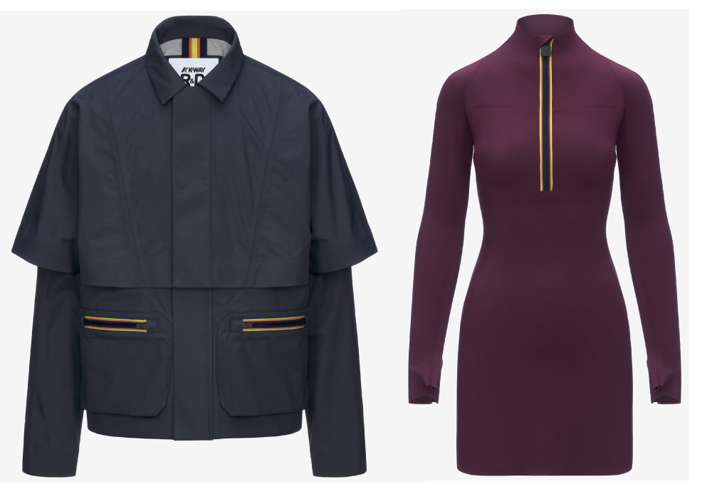 R&D CLAF披肩式羊毛外套，售價25,400元；R&D MINID潛水服連身裙，售價13,700元。（圖片提供／K-WAY）