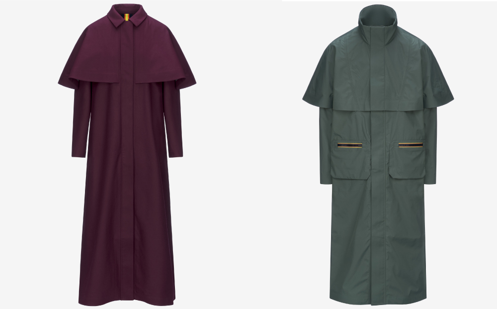 R&D BLESS披肩式羊毛長版外套，售價43,000元；R&D EFFOL披肩式羊毛長版外套，售價33,200元。（圖片提供／K-WAY）