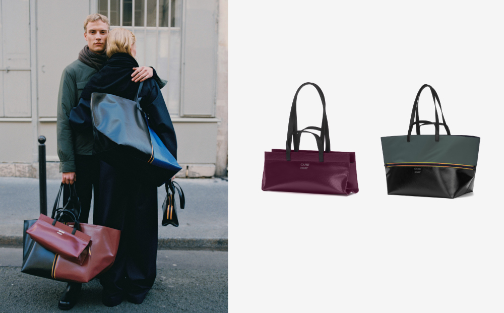 K-WAY × CAHU聯名手提肩背包，售價16,600；K-WAY × CAHU聯名托特包(M)，售價16,600元；K-WAY × CAHU聯名托特包(L)，售價17,200元。（圖片提供／K-WAY）