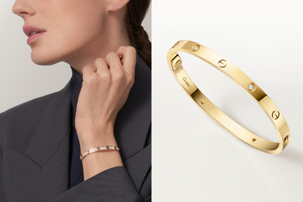 (左)卡地亞 LOVE 玫瑰金鋪鑲鑽石手環，鋪鑲鑽石及窄版設計，帶來更加柔美的氛圍。(右)卡地亞LOVE黃K金鑲鑽手環，採用鑽石取代螺釘的設計，帶來精緻細節的微妙驚喜。圖/卡地亞提供