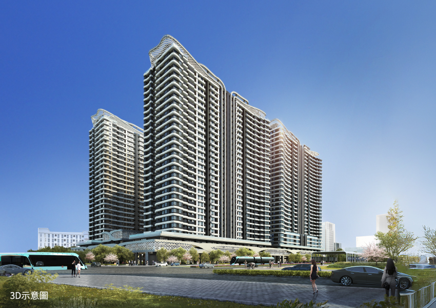 「新海城」鄰輕軌V10站，未來待淡江大橋與淡北道路開通後，大大提升淡水交通動能。(圖片提供／霞飛廣告)