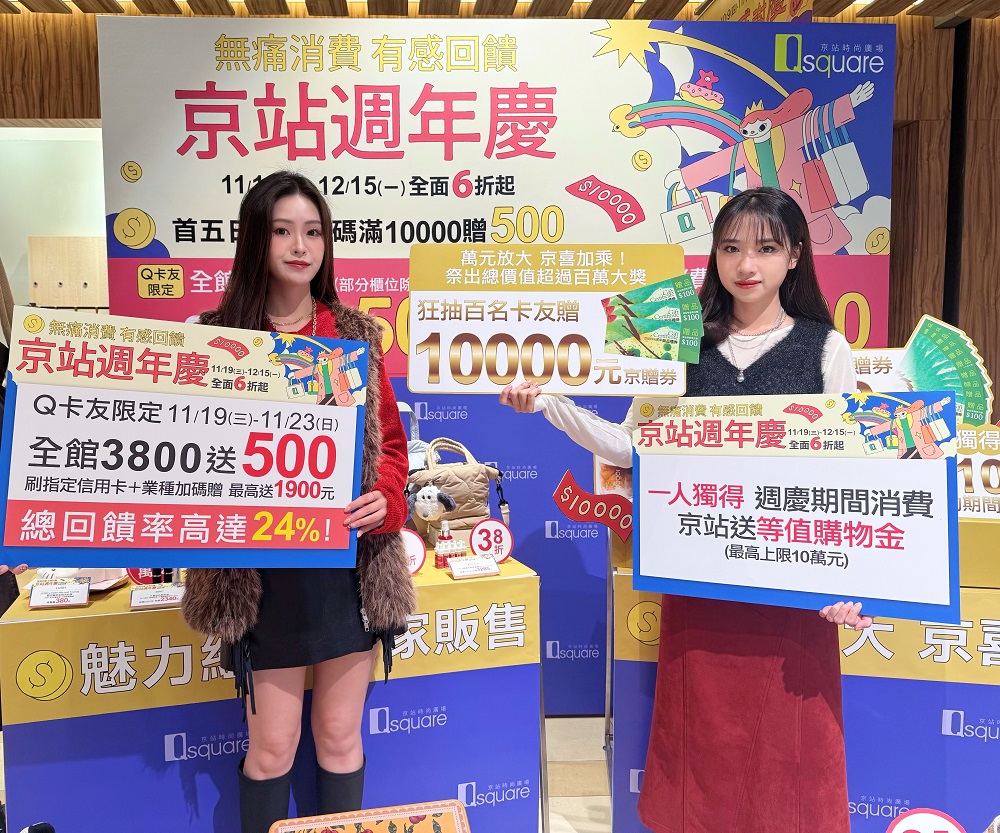「無痛消費 有感回饋」京站週年慶 11月19日(三)-12月15日(一) 壓軸超殺，全館6折起。圖片來源：京站